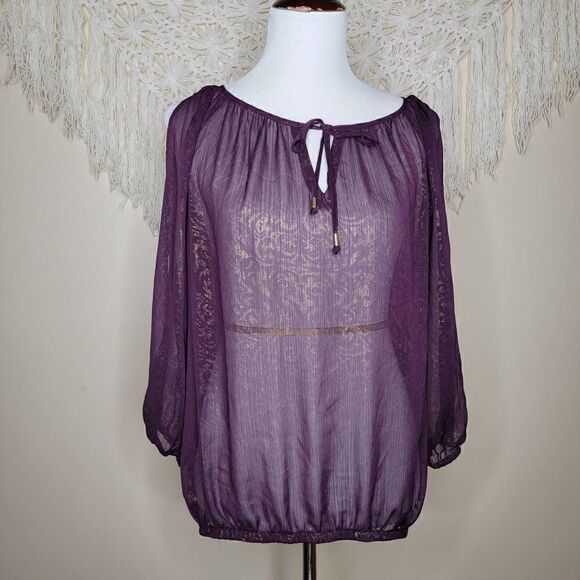 Cache Metallic Cold Shoulder Blouse Purple Gold Size Medium - Picture 1 of 16